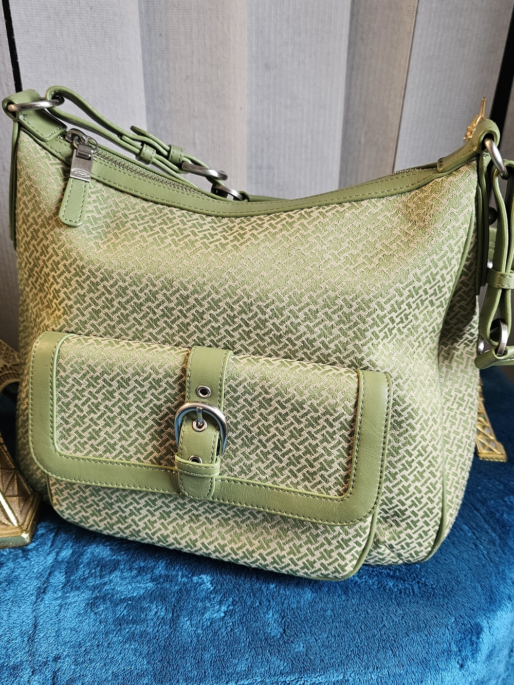 Green Patterned Shoulder Bag with Front Buckle